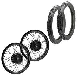 Sett med 2x felger 1,85x16 brede aluminium eiker hjul egnet for Simson S51 S50 S70 Schwalbe KR51 aluminiumsfelg Craftride AF21 svart + 2x dekk Vee Rubber VRM094 foran bak