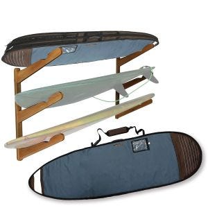 Sett bambus surfebrettholder + surfebrett reiseveske blå egnet for 8" brett Cranit SB20