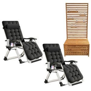 2x sammenleggbar hagestol SR11 fluktstol solseng med sort metallpute + hageskrin med hyller Divit GR1 hagebenk plantehylle