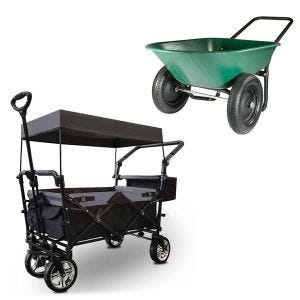 Håndkjerre med tak sammenleggbar transportvogn hagevogn sammenleggbar stål ME70 sort + hagetrillebår Divit GS3 dobbel trillebår