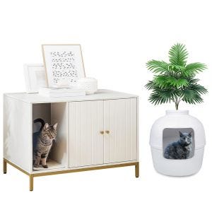 Sett Feandrea kattesandboksskap + kattesandboks med kunstig plante Divit HK3 kattesandboks med ripematte og kattetoalett
