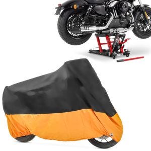 Set: Hebebühne Lift L für Harley und Chopper -680 kg rot + Abdeckplane XXXL Faltgarage schwarz-orange_1