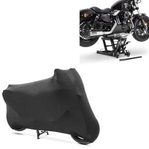 Sett: Midlift L motorsykkelheis egnet for choppere / tilpassede sykler opp til 680 kg + motorsykkeldeksel innendørs XL-XXL stretchgarasje i svart CB38789