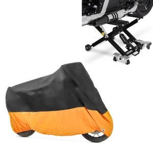 Sett: Midlift XL motorsykkelløft opp til 500 kg i sort + XXXL presenningstrekk i sort-oransje