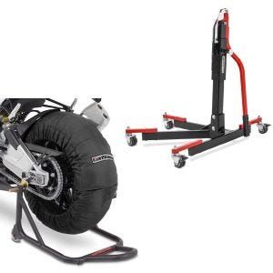 Set: Reifenwärmer Set 60-80°C für 17 Zoll schwarz + Zentralständer ohne Adapterplatte rot heber Power-Evo_1