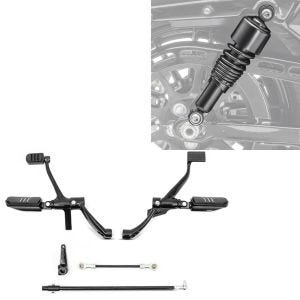 Sett: Motorsykkel fremre fotstøttesystem egnet for Harley Davidson Sportster 14-20 Craftride i sort + støtdemper 10,5 tommer egnet for Harley Davidson Sportster 04-20 fjærbeskyttere fra Craftride svart