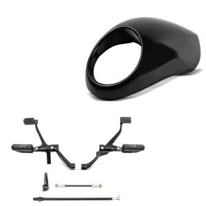 Sett: Motorsykkel fremre fotstøttesystem egnet for Harley Davidson Sportster 14-20 Craftride i svart + frontlys frontmaske egnet for Harley Davidson Dyna -2005/ Sportster 95-20 svart Craftride