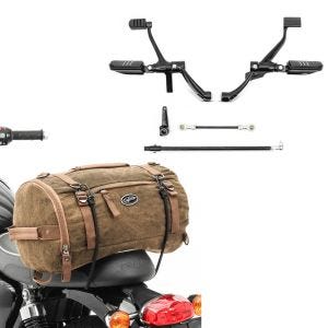 Set: Vorverlegte Fußrastenanlage für Harley Sportster 14-20 + Hecktasche Vintage 35L Canvas Rucksack Gepäckrolle braun_1