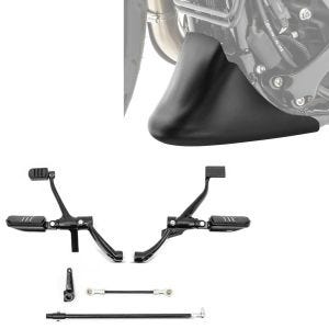 Sett: Motorsykkel fremre fotstøttesystem egnet for Harley Davidson Sportster 14-20 Craftride i svart + frontspoiler motorsykkel Craftride egnet for Harley Davidson Sportster 04-20 i svart