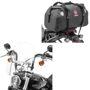 Sett: frontrute CW1 egnet for chopper cruisere og tilpassede sykler klar + hale bag Drybag XF60 vanntett volum 60l