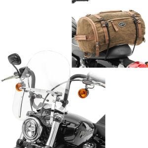 Sett: frontrute CW1 egnet for chopper cruisers og tilpassede sykler klar + hale bag vintage 25L canvas ryggsekk bagasje rulle brun