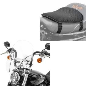 Sett: frontrute CW1 egnet for chopper cruisere og tilpassede sykler klar + gel setepute M universal komfort pute svart