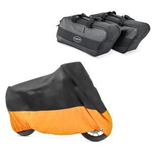 Sett: sideveske innerveske som passer til Harley Davidson Touring 94-24 Craftride + motorsykkelpresenning Craftride XXXL deksel i svart-oransje