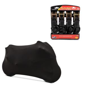 Set: abdeckung Indoor M-L Stretch Garage in schwarz + Spanngurt Set Ratsche mit 4x Zurrschlaufe schwarz_1