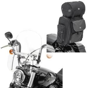 Sett: Sissybar bag SXL halebag med bagasjerull i svart + frontrute CW1 egnet for chopper cruisers og custom sykler klar