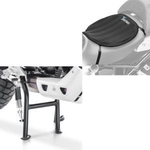 Sett: Hovedstativ med ABE egnet for Moto Guzzi V85 TT 19-21 senterstativ i sort + gel setepute neopren L gel pute setetrekk i sort