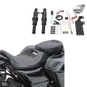 Sett: Sete egnet for Harley Davidson Touring 09-24 Komfortsete Craftride RH3 svart-oransje + luftfjæring understell egnet for Harley Davidson Touring 94-24 Craftride Air Ride svart