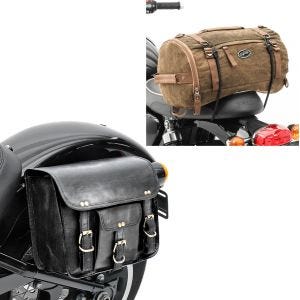  Sett: salveske SV2 vintage bag 6 liter i svart + halebag vintage 25L canvas ryggsekk bagasje rulle brun