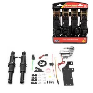 Set: Luftfederung Fahrwerk Harley Touring 94-20 Air Ride + Spanngurt Set Ratsche mit 4x Zurrschlaufe schwarz_1