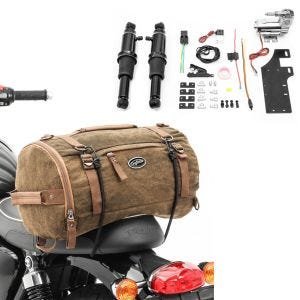 Sett: Luftfjæring chassis egnet for Harley Davidson Touring 94-23 Craftride Air Ride svart + motorsykkel hale bag vintage 25L canvas ryggsekk bagasjerull brun Craftride
