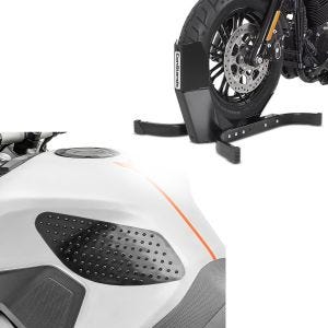 Sett: Motorsykkel rocker Easy Plus fronthjul rocker motorsykkel stativ opp til 21" svart + tank pad side grip pad M side tank pad kne pad i svart