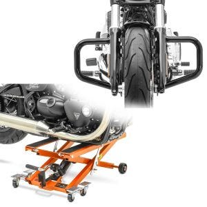 Sett: Motorsykkelløft ConStands Midlift XL motorsykkelløft opp til 500 kg i oransje + Craftride Moustache motorsykkelstyrt egnet for Harley Davidson Softail 18-24 i svart