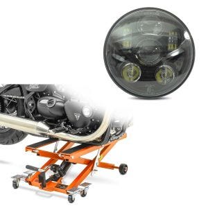 Sett: Motorsykkelløft ConStands Midlift XL motorsykkelløft opp til 500 kg i oransje + LED-hovedlys 5,75 tommer egnet for Harley Davidson-hodelykt svart Craftride