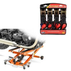 Set: Hebebühne Mid-Lift XL heber bis 500kg in orange + Spanngurt Set mit Ratsche und Haken inkl 4x Zurrschlaufe in rot_1
