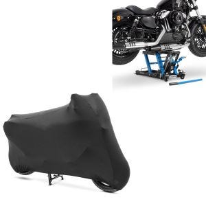 Set: Hebebühne Mid L für Harley und Chopper -680 kg blau + abdeckung Indoor XL-XXL Stretch Garage in schwarz_1