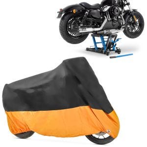 Set: Hebebühne Mid L für Harley und Chopper -680 kg blau + Abdeckplane XXXL Faltgarage schwarz-orange_1