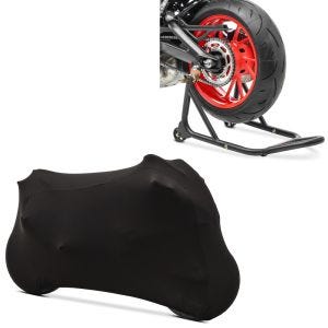 Sett: Base bakhjulsreparasjonsstativ matt svart + motorsykkeldeksel Indoor ML Stretch Garage i sort
