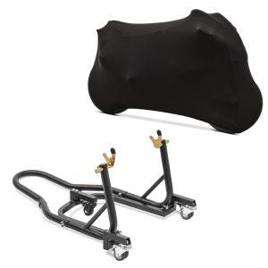 Sett: Monteringsstativ for manøvreringshjelp bakhjul Mover 2 Racing svart matt Constands + motorsykkeldeksel Indoor ML Stretch Garage i svart