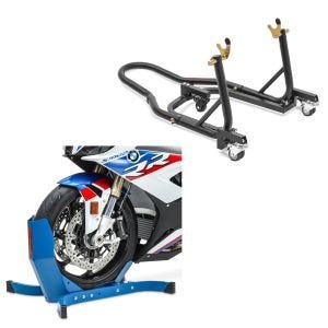Sett: Monteringsstativ for manøvreringshjelp bakhjul Mover 2 Racing matt svart + motorsykkelrocker Easy-Plus motorsykkelstativ opp til 21 tommer blått