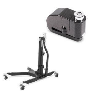 Sett: sentralstativ uten adapterplate i matt motorsykkeljack Power-Classic + bremseskivelås alarm 110dB BS-Motoparts tyverisikring svart