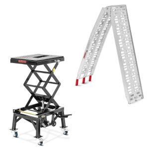 Sett: Enduro-løfter Cross-Lift XL egnet for grussykler svart + adkomstrampe opp til 340 kg Alu-I sammenleggbar