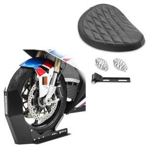 Sett: Bobber swing sal Diamond Contoured med fjærer egnet for tilpassede sykler i + transportstativ Easy-Fix motorsykkel rocker opptil 21 tommer svart