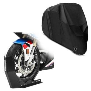 Set: Transportständer Easy-Fix Motorradwippe bis 21 Zoll schwarz-matt + Abdeckplane XL Abdeckhaube in schwarz_1