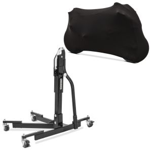 Sett: Sentralstativ uten adapterplate svart motorsykkeljack Power-Evo + motorsykkeldeksel Indoor ML Stretch Garage i svart