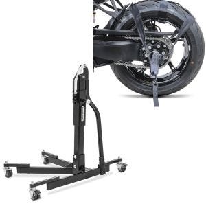 Set: Zentralständer ohne Adapterplatte schwarz heber Power-Evo + Spanngurt Hinterrad Fixiergurt für Transportsicherung schwarz_1