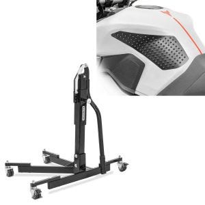 Sett: Sentralstativ uten adapterplate, svart motorsykkeljack Power-Evo + sidetankpute Grip Pad L, svart knepute