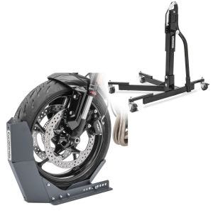 Set: Zentralständer ohne Adapterplatte schwarz heber Power-Evo + Transportständer Easy-Fix Wippe bis 21 Zoll grau_1