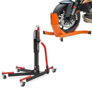 Sett: Sentralstativ uten adapterplate, rød motorsykkeljack Power-Evo + motorsykkelvippe Easy-Plus motorsykkelstativ opp til 21 tommer, oransje
