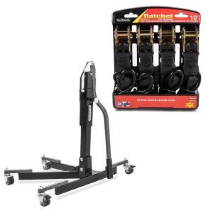 Set: Zentralständer ohne Adapterplatte grau heber Power-Evo + Spanngurt Set Ratsche mit 4x Zurrschlaufe schwarz_1