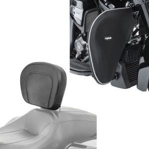 Sett: Førerryggstøtte egnet for Harley Davidson Touring-modeller 97-24 Craftride + sprutbeskyttelse for styrtbøyle egnet for Harley Davidson Touring 80-24 leggvarmere Craftride