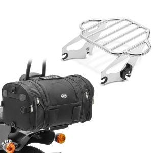 Set: Gepäckträger KI für Harley Touring 09-21 chrom + Hecktasche RB1 Gepäckrolle für Chopper Cruiser_1