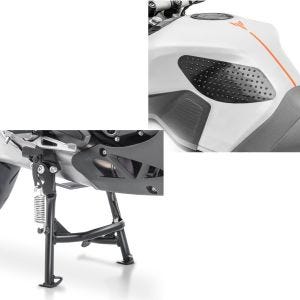 Sett: Hovedstativ med ABE egnet for Kawasaki Versys 650 15-20 senterstativ i sort + tankpute sidegrepspute M sidetankpute knepute i sort
