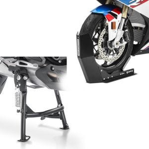 Sett: hovedstativ med ABE egnet for Kawasaki Versys 650 15-20 senterstativ i svart + transportstativ Easy-Fix motorsykkelrocker opp til 21 tommer svart