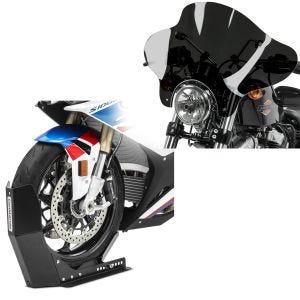 Set: Windschild Batwing für Custombikes inkl. Haltesatz dunkel getönt + Transportständer Easy-Fix Wippe bis 21 Zoll schwarz_1