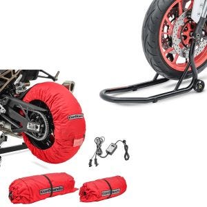 Set: Reifenwärmer Set Snaefell 30-99°C Digital für Vorderrad und Hinterrad + Montageständer Vorderrad Fork Motorradständer mit Dornaufnahme schwarz_1