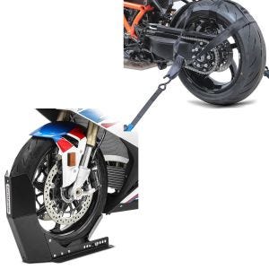 Set: Hinterrad Zurrgurt mit 4x Ratschen-Spanngurten Set Abspanngurt + Transportständer Easy-Fix Motorradwippe bis 21 Zoll schwarz_1